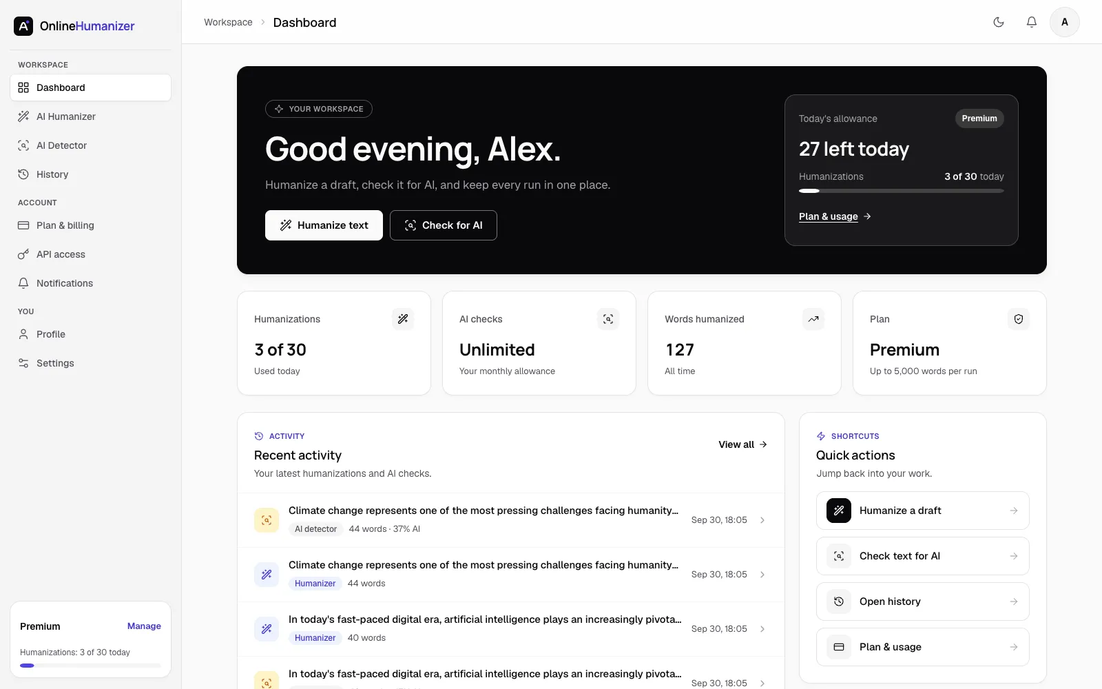 The Online Humanizer dashboard: today's allowance, usage cards, recent activity and quick actions